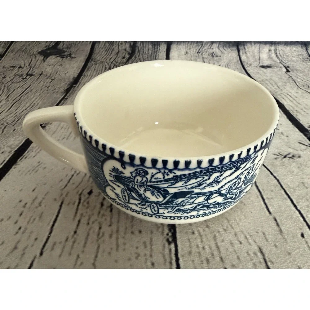 Vintage Royal China Currier & Ives Blue/White Steamboat Tea Cup & Saucer Set